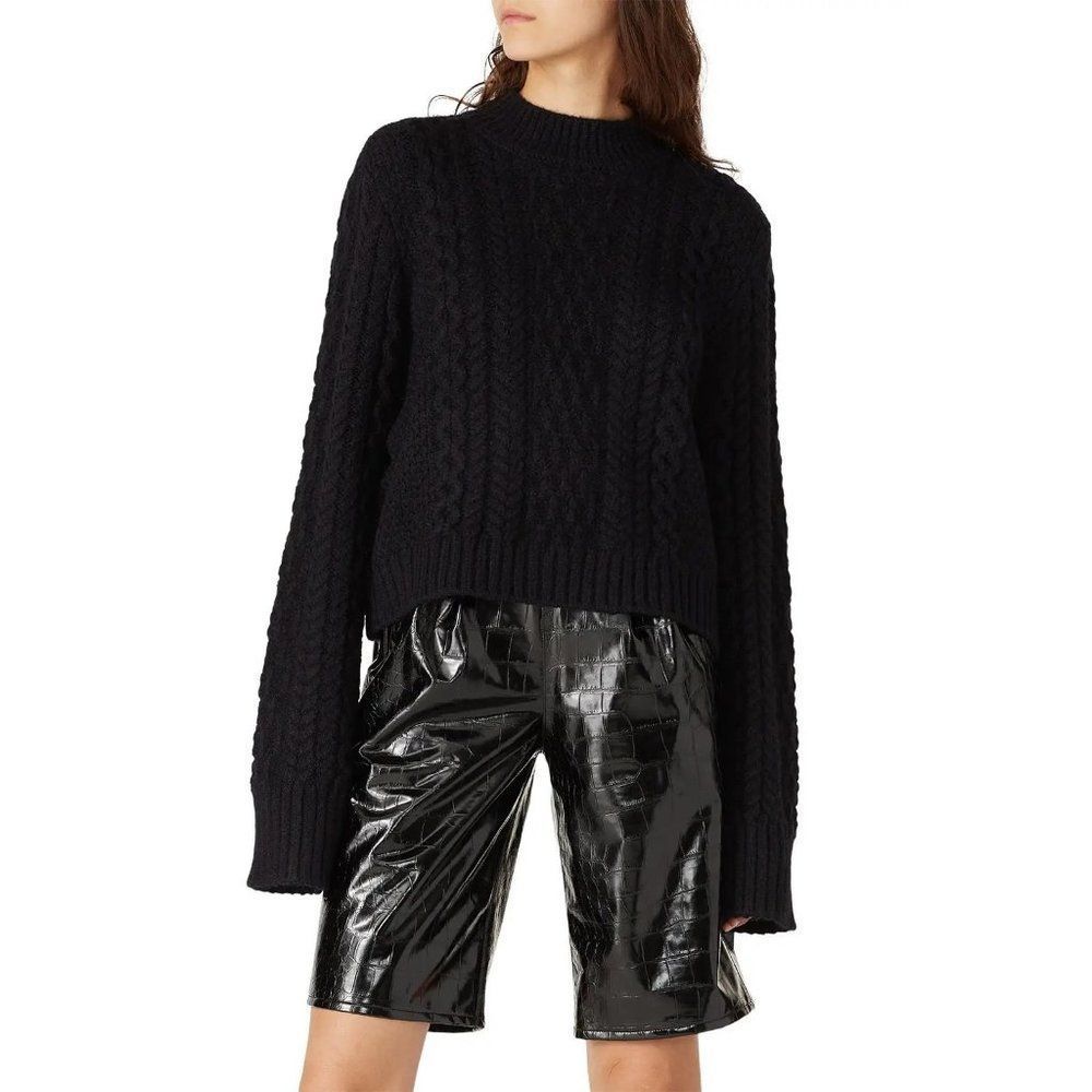 Neon Blonde Black Cable Knit Stella Sweater Long sleeves Mock Neck Size M